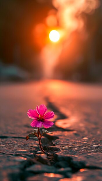 Una sola flor rosa abraza la belleza de la carretera