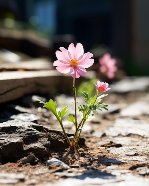 una sola flor rosa crece en una grieta en el suelo