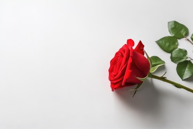 Una sola flor de rosa roja con hojas verdes sobre un fondo blanco con espacio para copiar