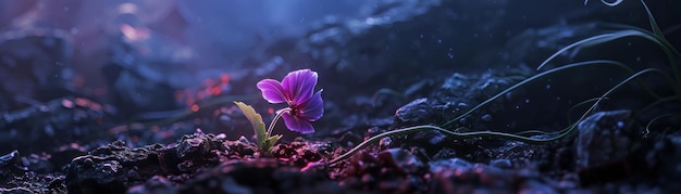 Una sola flor violeta florece en el inframundo un símbolo de la vida en medio de la oscuridad