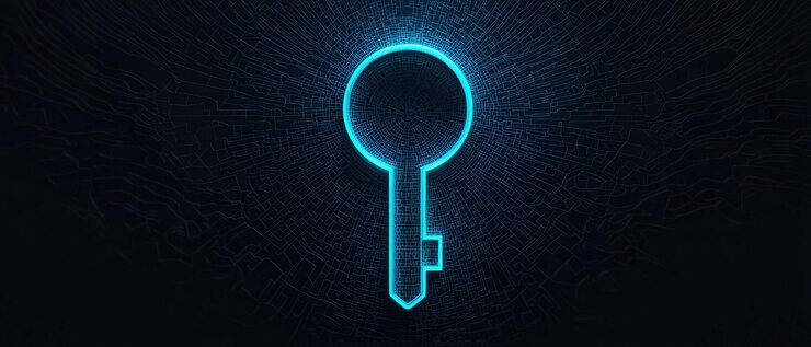 Una sola forma de agujero de llave azul brillante está centrada en un fondo negro