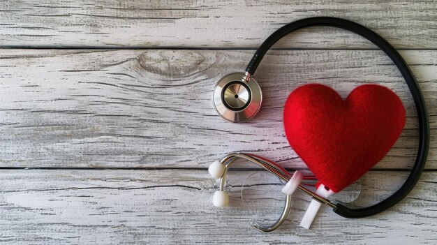 Una sola forma de corazón rojo amor mano bola de ejercicio con vendaje médico médico médico39s estetoscopio fondo de madera blanca concepto de seguro de vida del hospital idea del día mundial de la salud del corazón