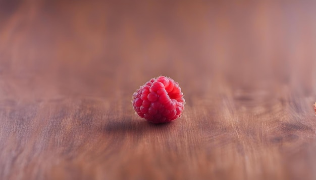 Una sola frambuesa en una mesa de madera