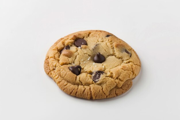 Una sola galleta de chocolate crujiente y acogedora en blanco