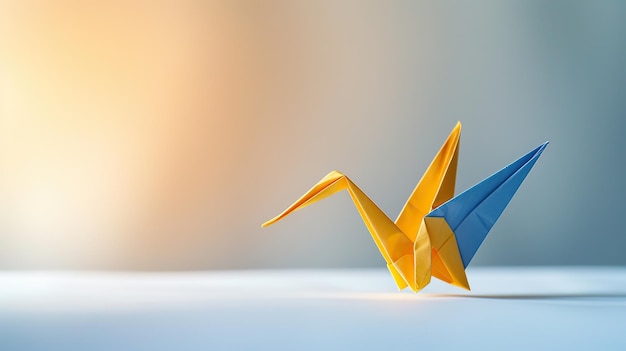 Una sola grúa origami amarilla y azul colocada en una superficie blanca que simboliza la paz y la resiliencia