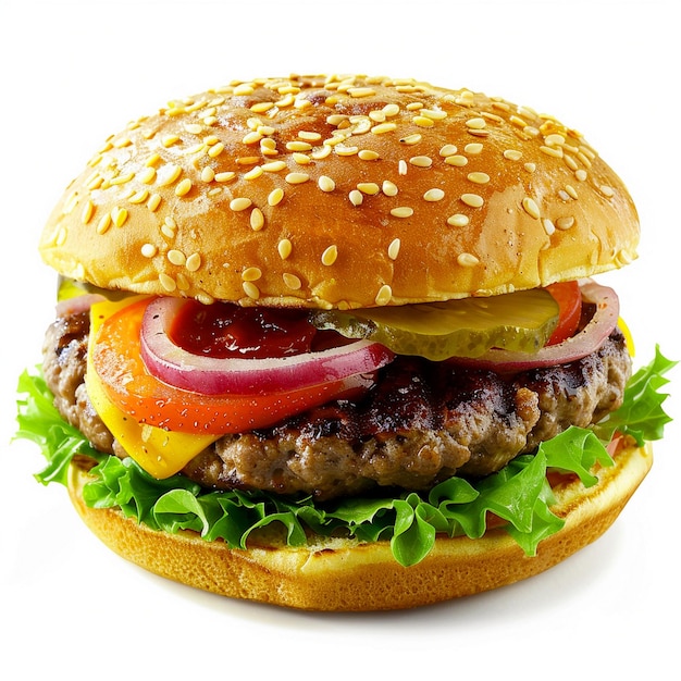 Una sola hamburguesa fresca única aislada sobre un fondo blanco