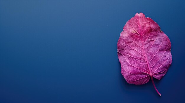 Una sola hoja rosada contra un fondo azul sólido que crea un sorprendente contraste