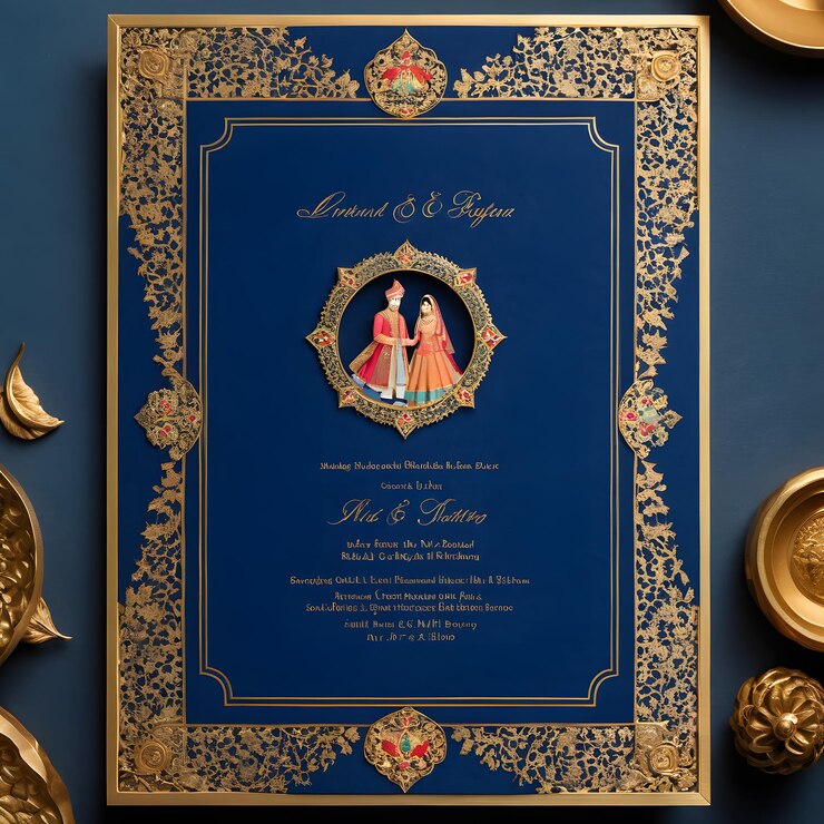 Una sola invitación de boda mogol con una rica base azul con un mogol