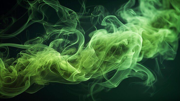 Una sola línea de humo verde que se encrespa con gracia a través del espacio IA generativa