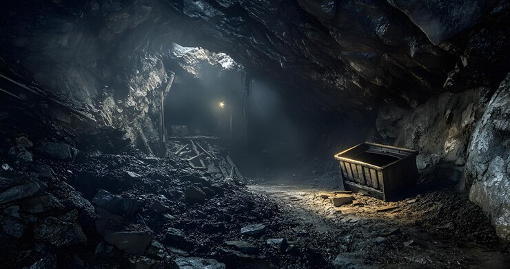 Una sola luz ilumina un túnel de mina oscuro y polvoriento