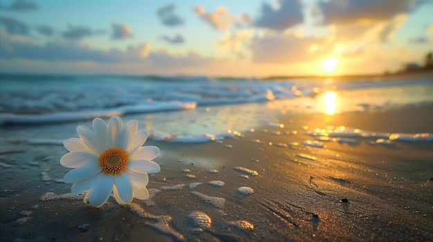 Una sola margarita en la playa con el amanecer y la espuma del mar