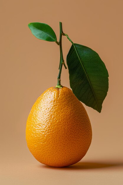 Foto una sola naranja con una hoja en ella