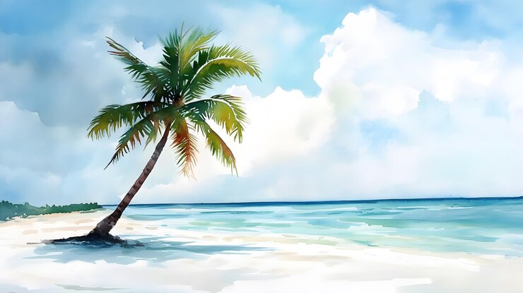 Una sola palmera en una playa de arena blanca con océano azul y cielo