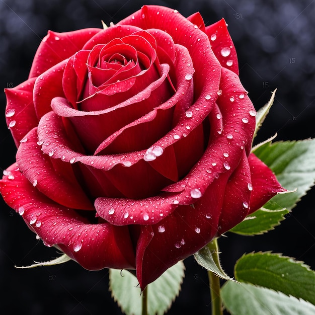 Una sola rosa roja con hojas y tallos cubiertos de rocío