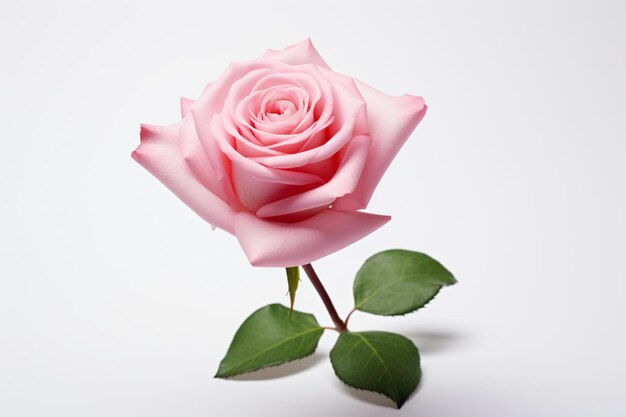 Foto una sola rosa rosada con hojas verdes sobre un fondo blanco