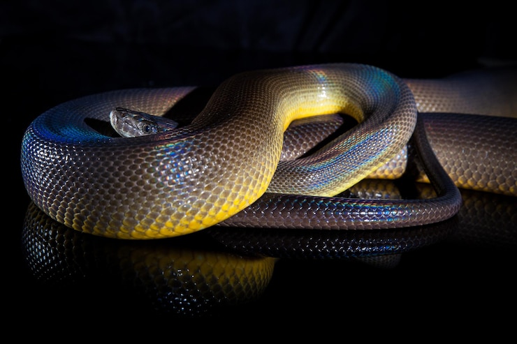 Foto una sola serpiente arco iris pitón de agua liasis fuscus aislado en un espejo negro
