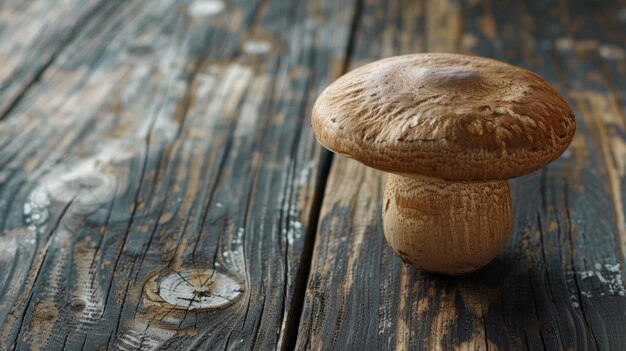 Foto una sola tapa de hongo con una textura lisa casi brillante en contraste con una superficie de madera áspera