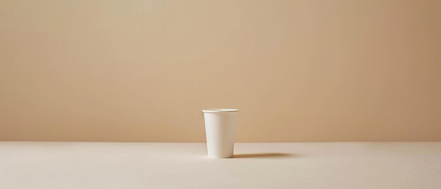 Una sola taza blanca se encuentra contra un telón de fondo beige que encarna la elegancia minimalista y el diseño simple