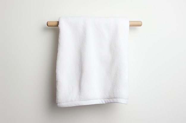 Una sola toalla blanca colocada sobre un fondo completamente blanco.