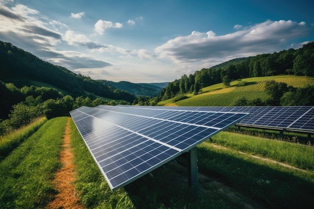 Solaranlagenfelder auf den grünen Hügeln Konzept einer alternativen Stromquelle