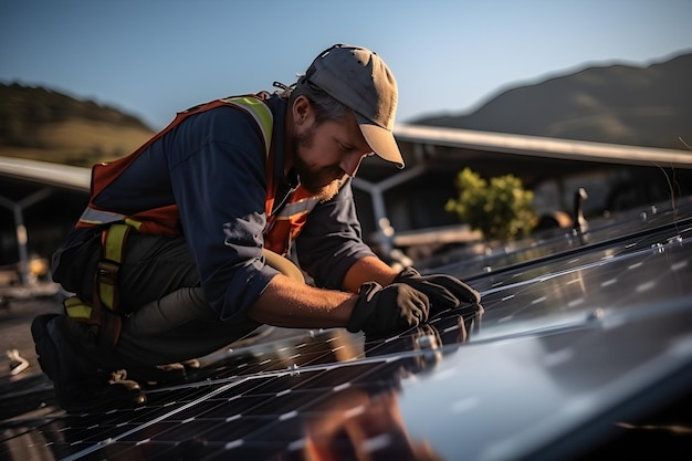 Solarenergie-Ingenieur installiert Sonnenkollektoren auf dem Dach, Elektrotechniker bei der Arbeit als Alternative