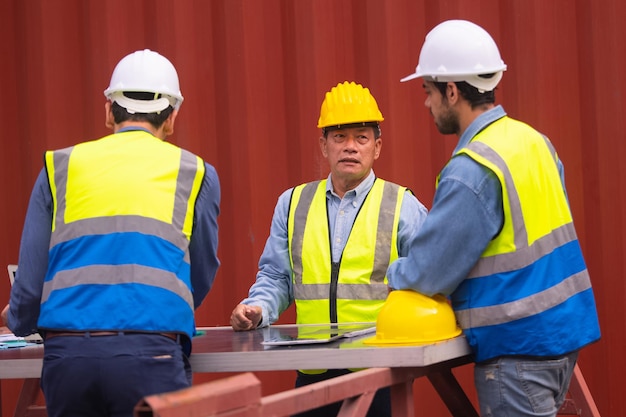 Solarenergie-Ingenieur-Treffen-Team im Container-Hintergrund. Solarzellen-Arbeiter-Team unterhält sich bei Besprechung