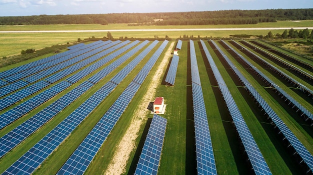 Solarenergiefarm, die saubere erneuerbare Energie aus der Sonne produziert. Tausende von Sonnenkollektoren. Photovoltaik-Solarzellen. Riesige Solarfarm