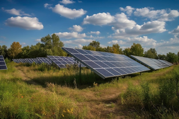 Solarenergiepanel Photovoltaikzelle und Windturbinenpark Stromgenerator in Naturlandschaft zur Erzeugung erneuerbarer grüner Energie Sauberes nachhaltiges Entwicklungskonzept ai generativ