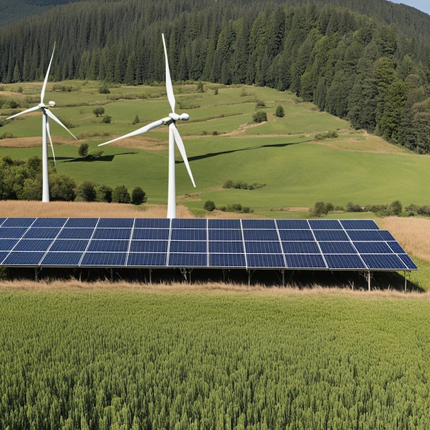 Solarenergieplatten und Windturbinen auf einem Hügel in Neuseeland Solaranlageplatten und -turbinen