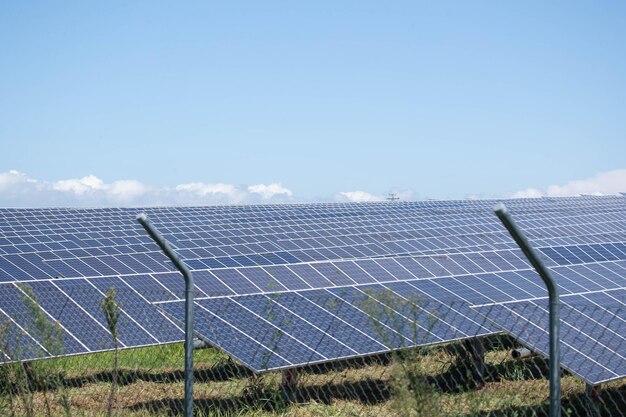 Solarfarm grüne Energie aus Sonnenlicht zeigt viel Solarzellenplatte. Selektiver Fokus.