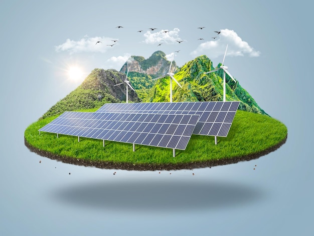 Solarmodule und Windturbinen auf einer grünen Insel mit Gras und Bäumen Himmel 3D-Insel mit Solarmodulen