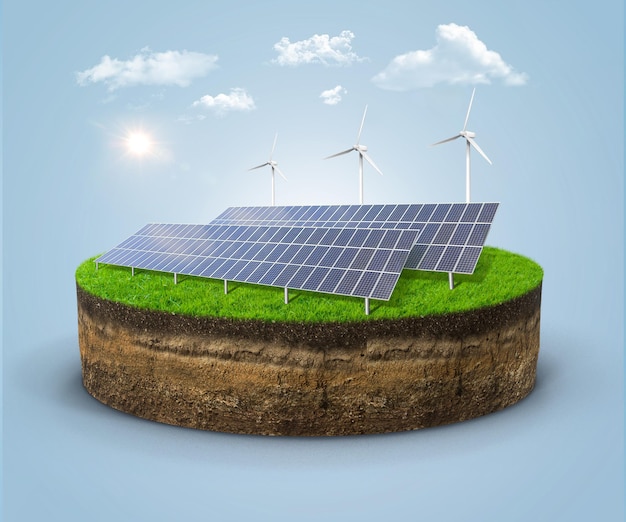 Solarmodule und Windturbinen auf einer grünen Insel mit Gras und Bäumen Himmel 3D-Insel mit Solarmodulen