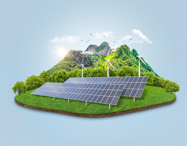 Solarmodule und Windturbinen auf einer grünen Insel mit Gras und Bäumen Himmel 3D-Insel mit Solarmodulen