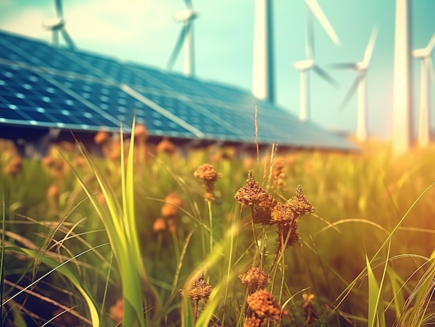 Solarpanel auf Blumenwiese Windturbinen Windmühle Energiefarm durch KI erzeugt