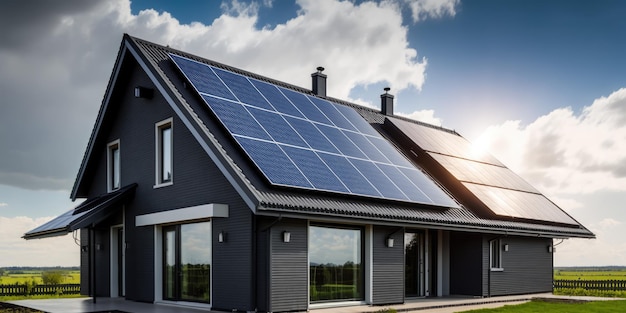 Solarpanel auf dem Hausdach einer Vorstadtvilla, saubere nachhaltige Stromquelle