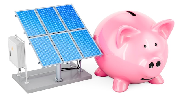 Solarpanel mit Sparschwein Einsparungskonzept für den Energieverbrauch 3D-Rendering