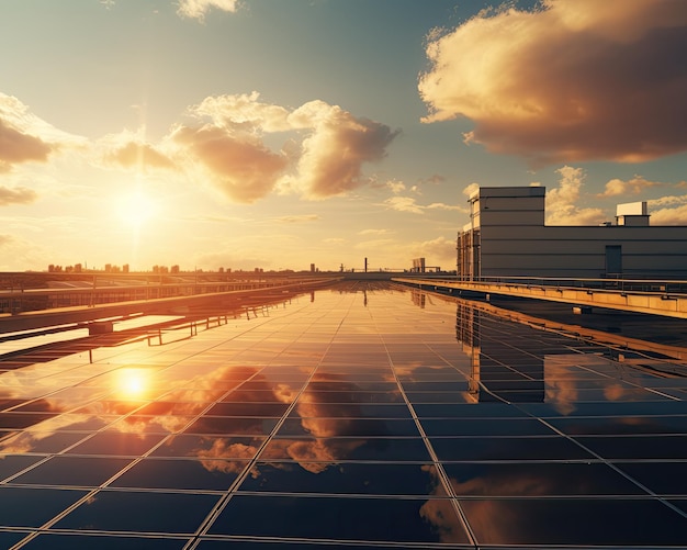 Solarpanel und moderne Stadt bei Sonnenuntergang 3D-Render-Illustration