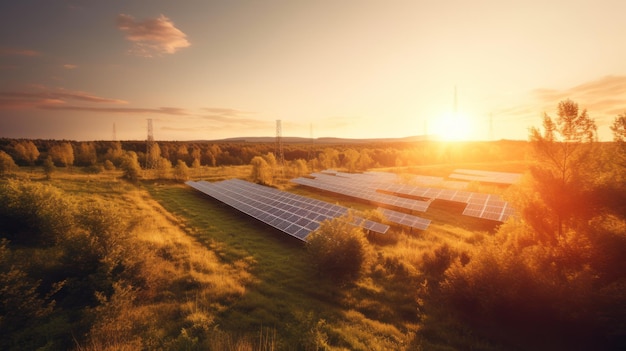 Solarpanelzelle auf dramatischem Sonnenuntergangshimmelhintergrundsauberes alternatives Energiekonzept Generative KI