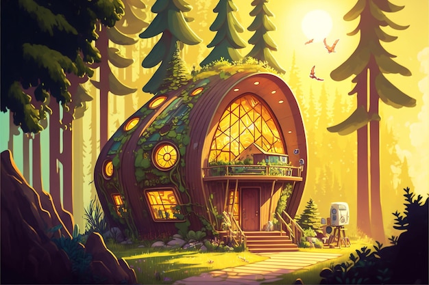 Solarpunk-Fantasiehaus im Wald-Cartoon-Stil