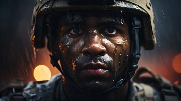 Soldado africano de primer plano en uniforme de camuflaje en la guerra Concepto de rehabilitación de TEPT