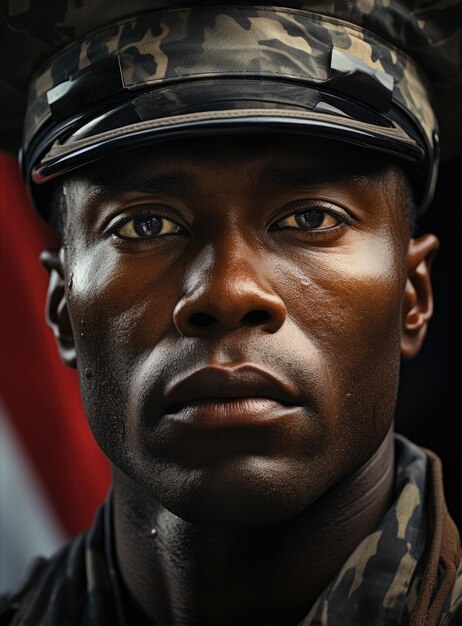 Soldado afro-americano corajoso e sério usa uniforme de capitão de soldado com o fundo bokeh dos eua