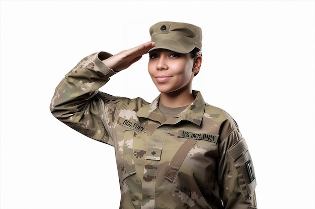 Foto soldado afro-americano saudando no fundo branco