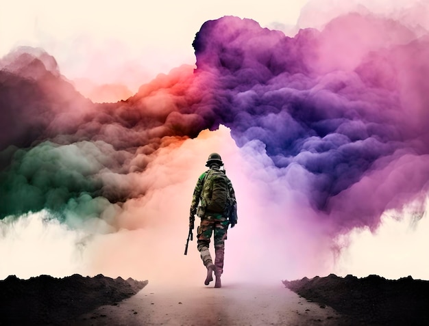 El soldado se aleja rodeado de nubes de humo de colores.