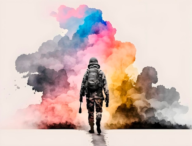 El soldado se aleja rodeado de nubes de humo de colores.