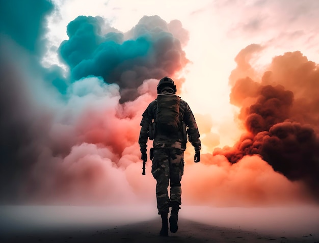El soldado se aleja rodeado de nubes de humo de colores.