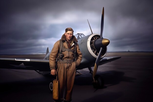 Foto soldado alemán frente a su avión de combate