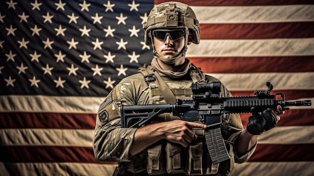 Soldado americano com metralhadora fica na frente da bandeira americana