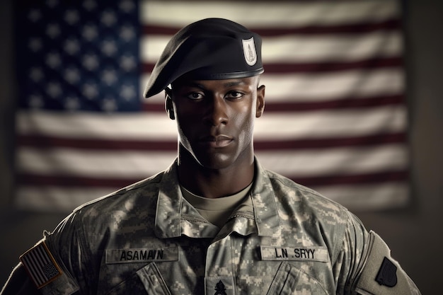 Soldado americano de uniforme de pé e saudando com a bandeira americana ao fundo Generative AI