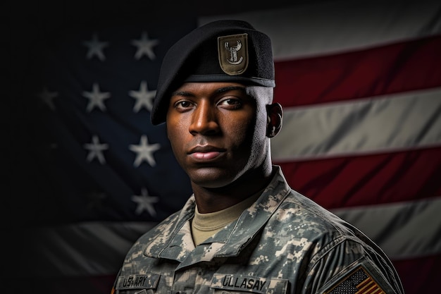 Soldado americano de uniforme de pé e saudando com a bandeira americana ao fundo Generative AI