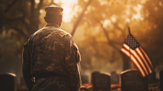 Foto soldado americano irrecognizável no cemitério.